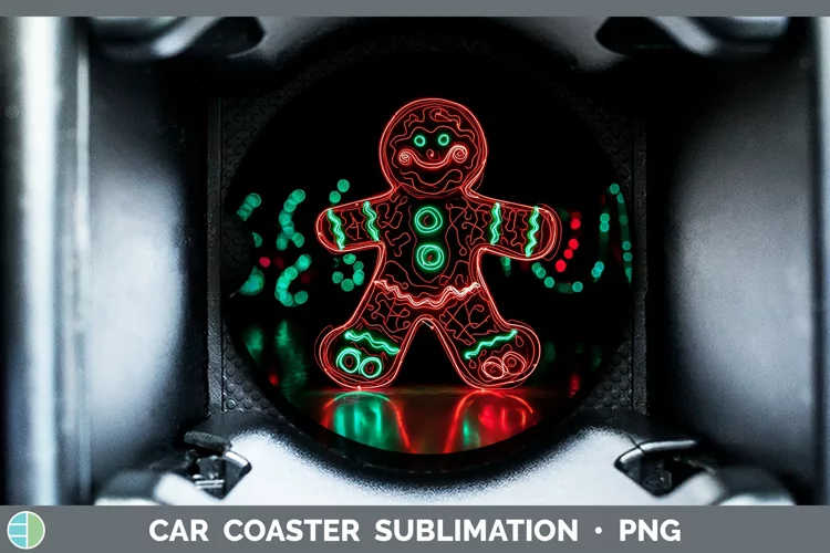Neon Christmas Gingerbread Man Car Coaster Sublimation Desi