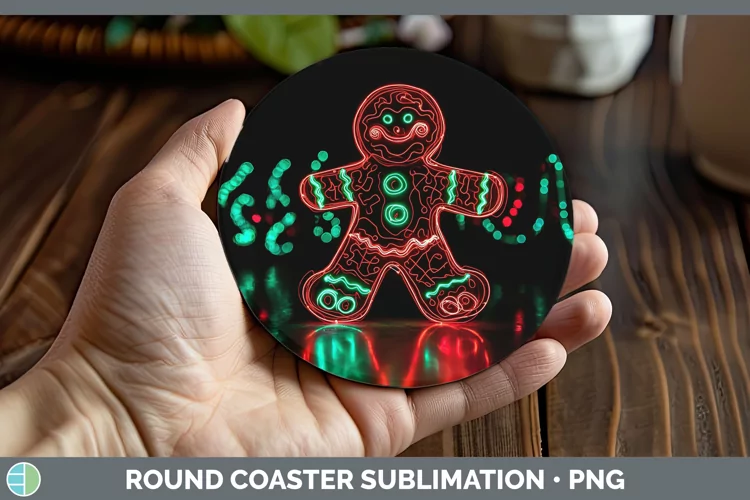 Neon Christmas Gingerbread Man Round Coaster Sublimation Coa