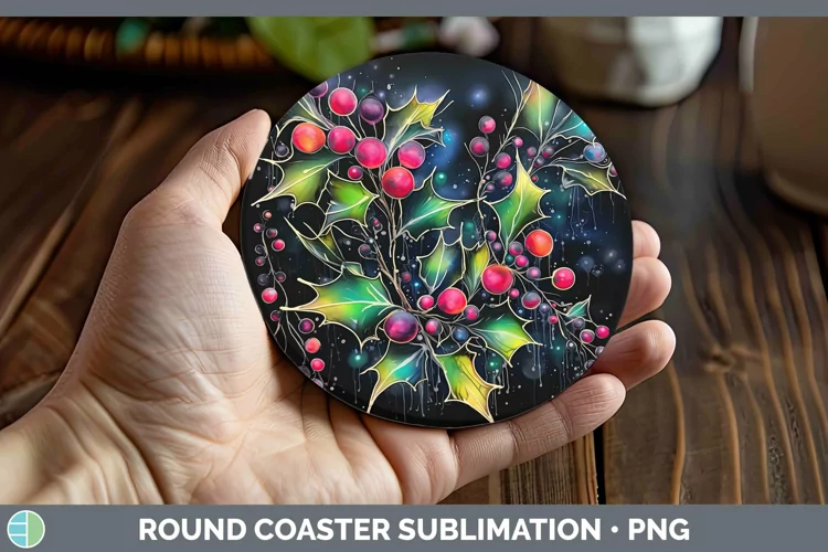 Neon Christmas Mistletoe Round Coaster Sublimation Coaster D