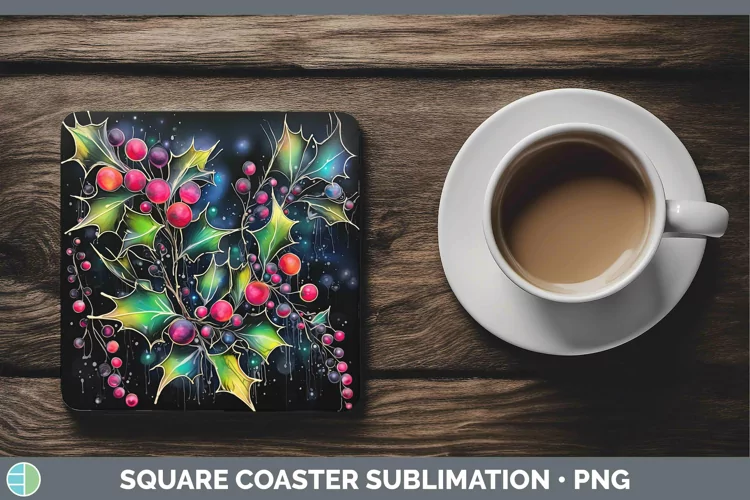 Neon Christmas Mistletoe Square Coaster Sublimation Coaster