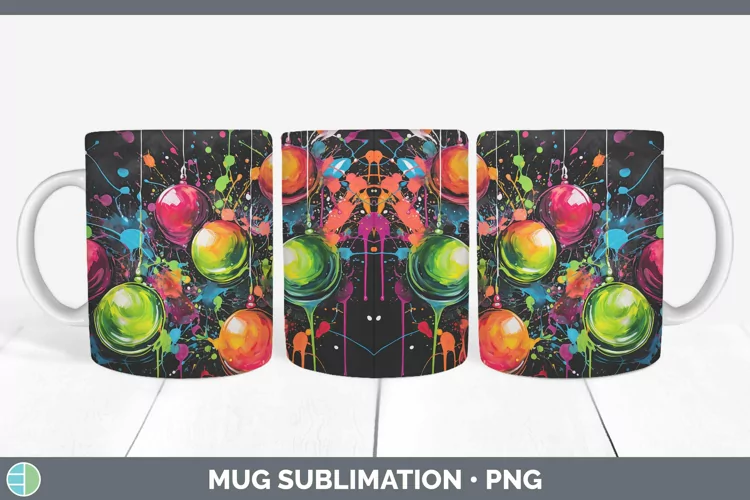 Neon Christmas Ornaments Mug Wrap Sublimation Coffee Cup Des