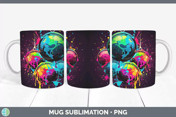 Neon Christmas Ornaments Mug Wrap Sublimation Coffee Cup Des