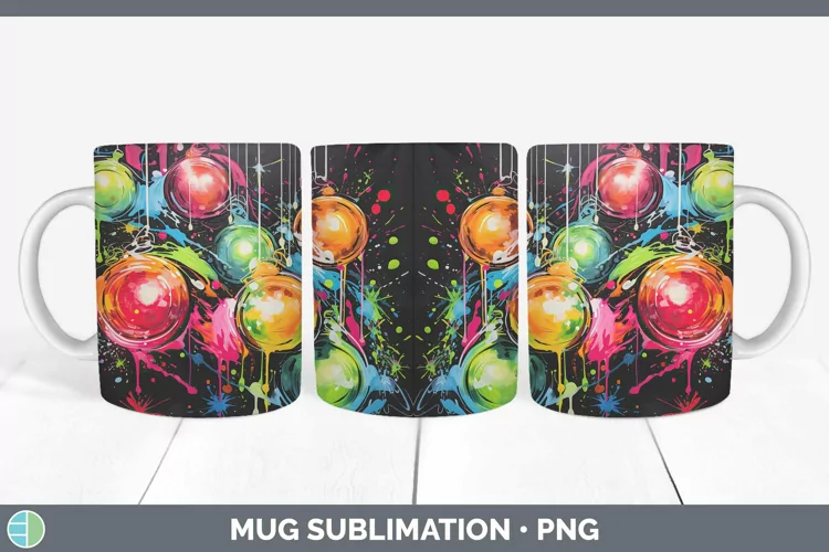 Neon Christmas Ornaments Mug Wrap Sublimation Coffee Cup Des