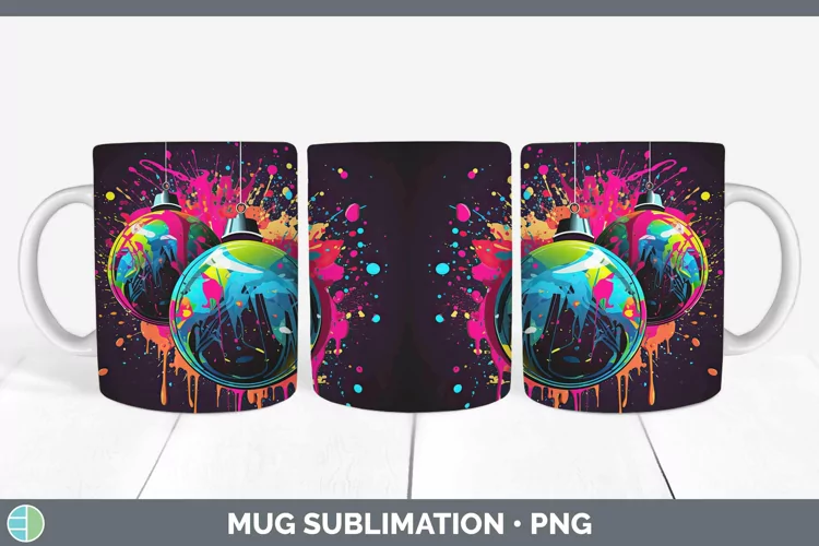 Neon Christmas Ornaments Mug Wrap Sublimation Coffee Cup Des