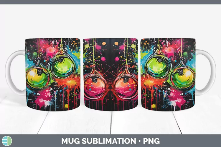 Neon Christmas Ornaments Mug Wrap Sublimation Coffee Cup Des