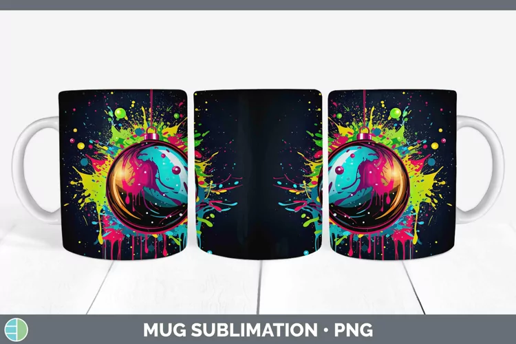 Neon Christmas Ornaments Mug Wrap Sublimation Coffee Cup Des