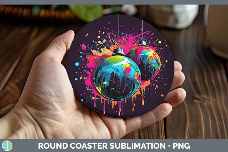 Neon Christmas Ornaments Round Coaster Sublimation Coaster D