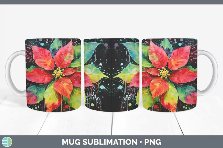 Neon Christmas Poinsettia Mug Wrap Sublimation Coffee Cup De
