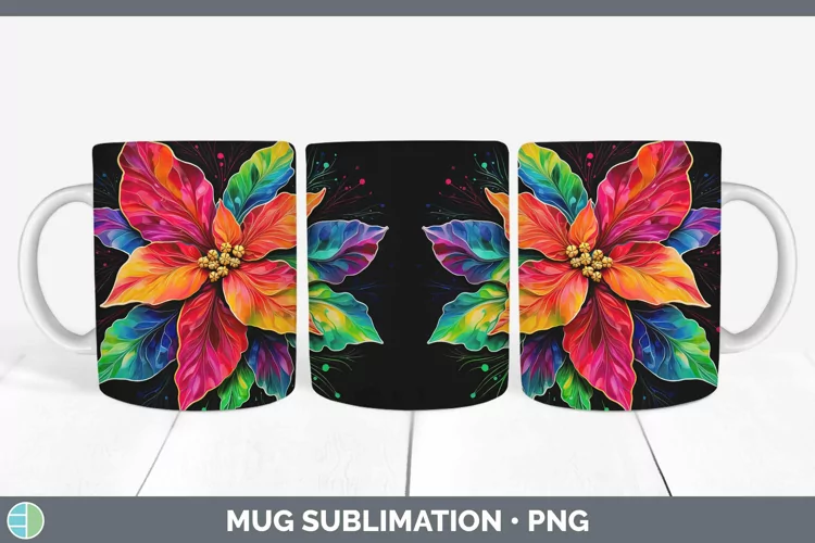 Neon Christmas Poinsettia Mug Wrap Sublimation Coffee Cup De