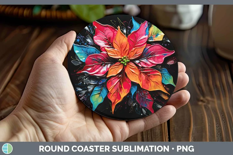 Neon Christmas Poinsettia Round Coaster Sublimation Coaster