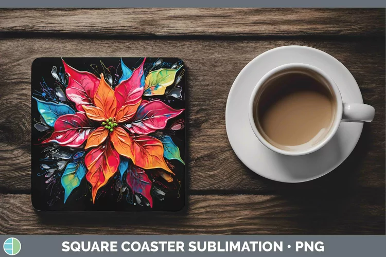 Neon Christmas Poinsettia Square Coaster Sublimation Coaster