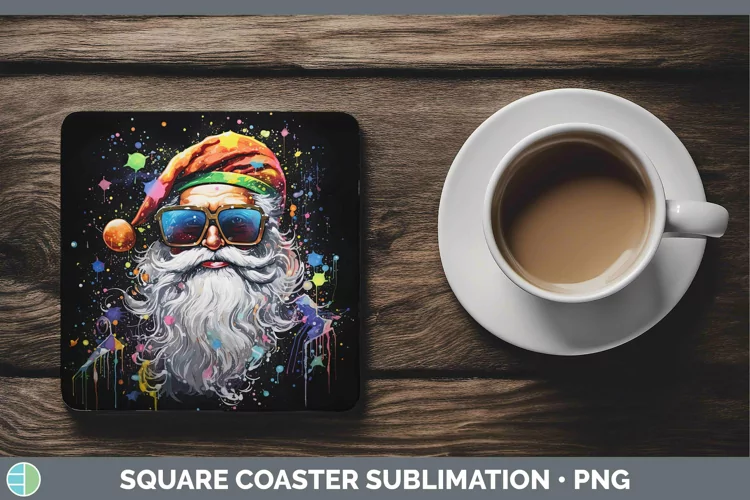 Neon Christmas Santa Square Coaster Sublimation Coaster Desi