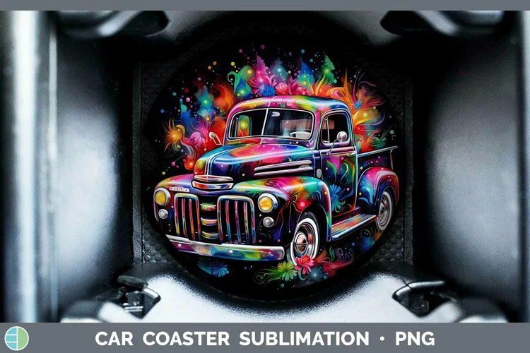 Neon Christmas Vintage Truck Car Coaster Sublimation Coaster