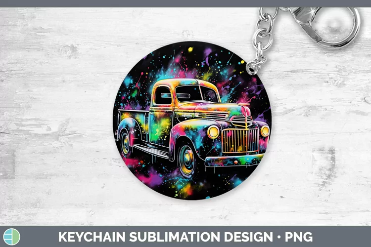 Neon Christmas Vintage Truck Keychain Sublimation Keyring De