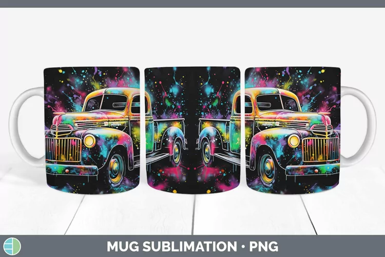 Neon Christmas Vintage Truck Mug Wrap Sublimation Coffee Cup
