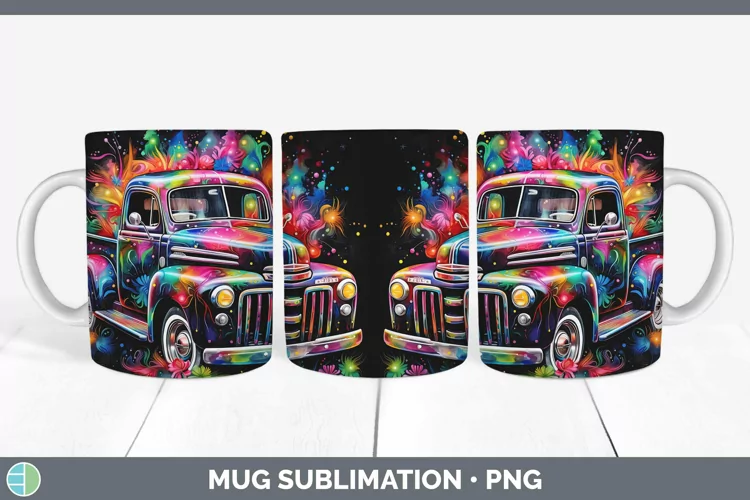 Neon Christmas Vintage Truck Mug Wrap Sublimation Coffee Cup