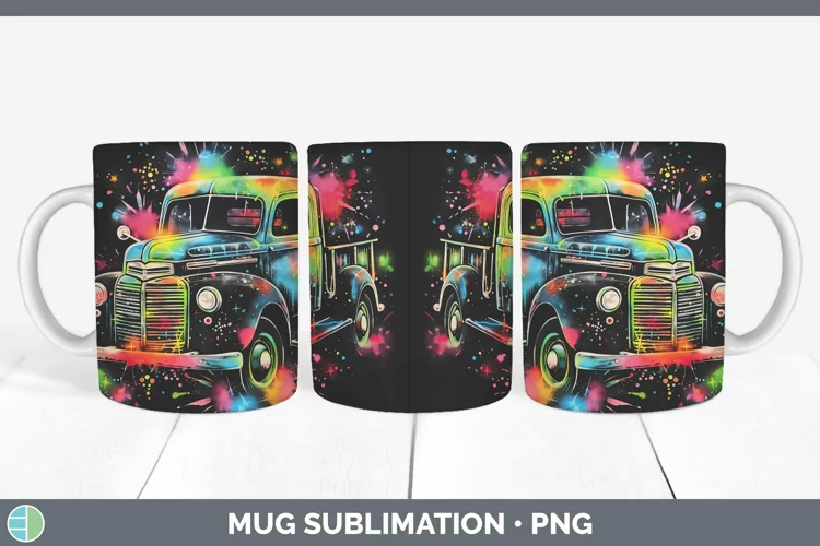 Neon Christmas Vintage Truck Mug Wrap Sublimation Coffee Cup
