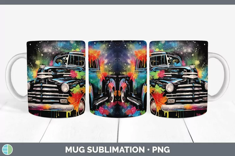Neon Christmas Vintage Truck Mug Wrap Sublimation Coffee Cup