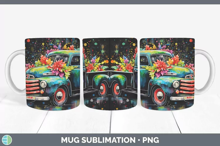 Neon Christmas Vintage Truck Mug Wrap Sublimation Coffee Cup