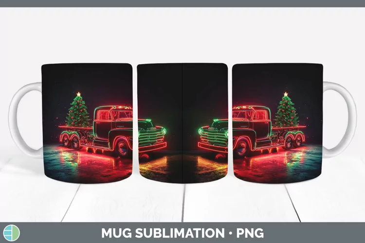 Neon Christmas Vintage Truck Mug Wrap Sublimation Coffee Cup