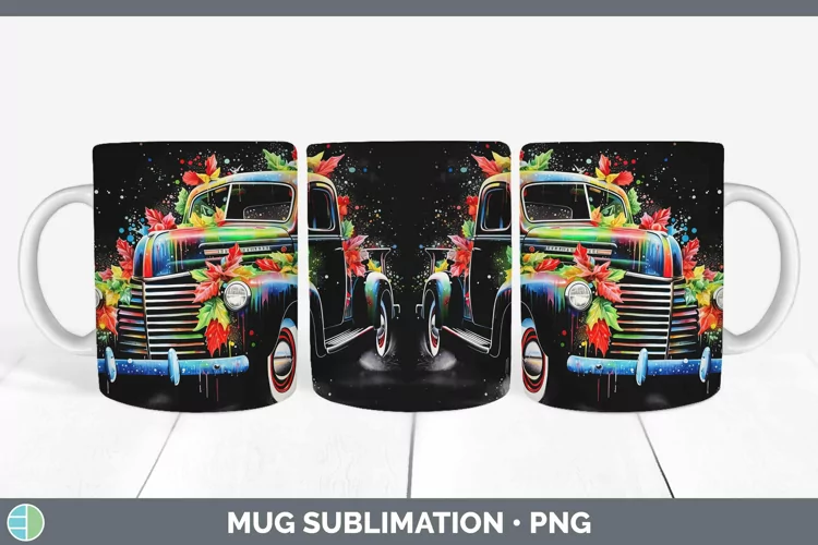 Neon Christmas Vintage Truck Mug Wrap Sublimation Coffee Cup