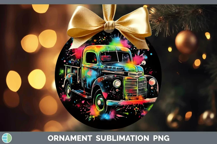 Neon Christmas Vintage Truck Ornament Sublimation Bauble Des