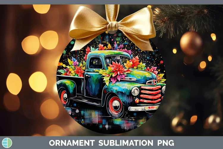 Neon Christmas Vintage Truck Ornament Sublimation Bauble Des
