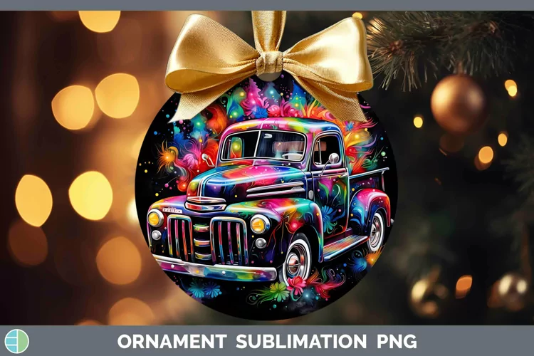 Neon Christmas Vintage Truck Ornament Sublimation Bauble Des