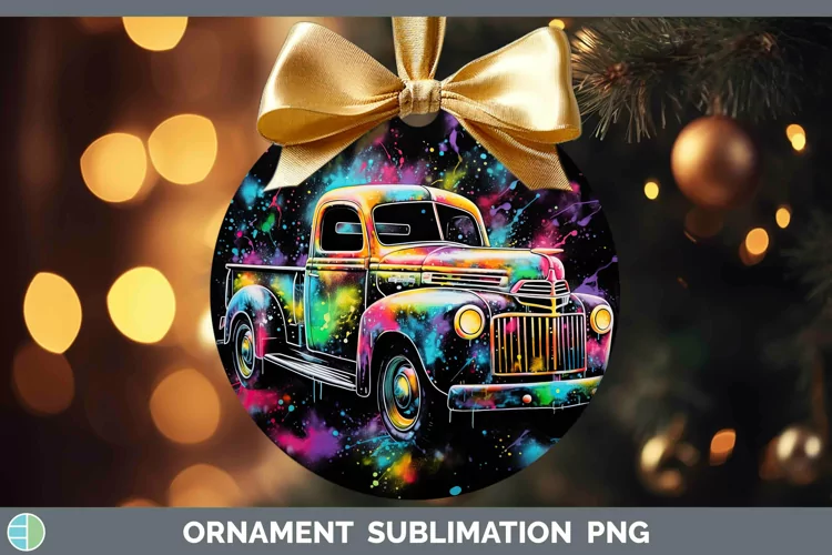 Neon Christmas Vintage Truck Ornament Sublimation Bauble Des