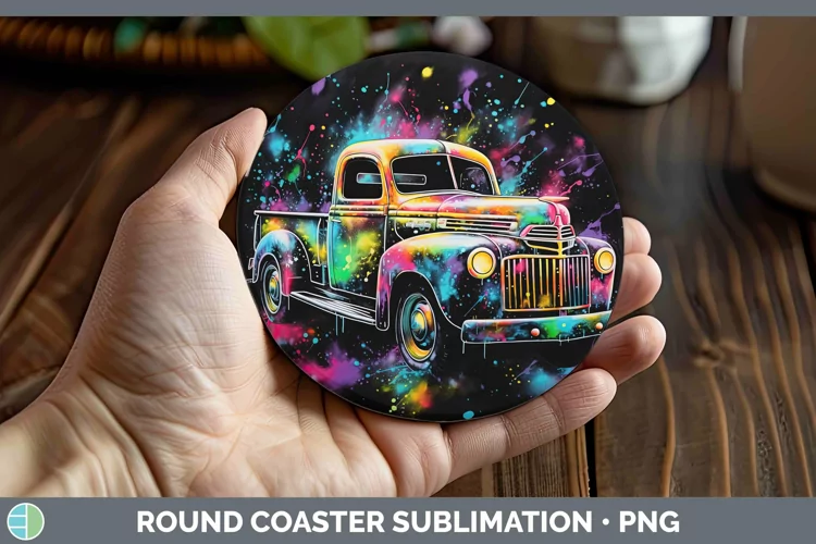 Neon Christmas Vintage Truck Round Coaster Sublimation Coast