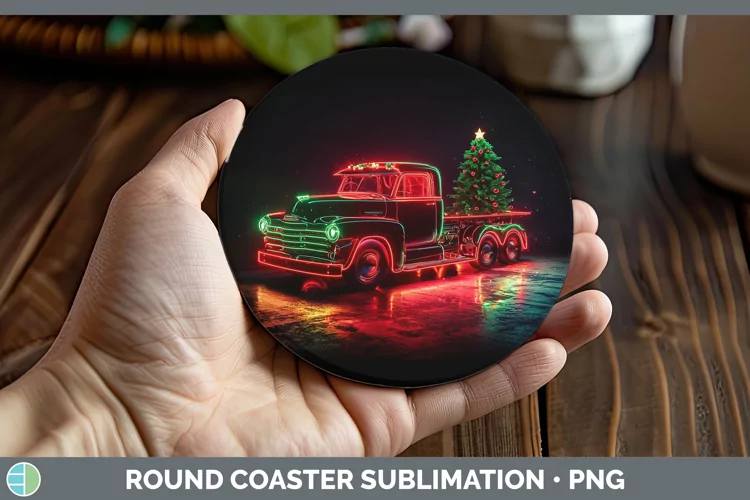 Neon Christmas Vintage Truck Round Coaster Sublimation Coast