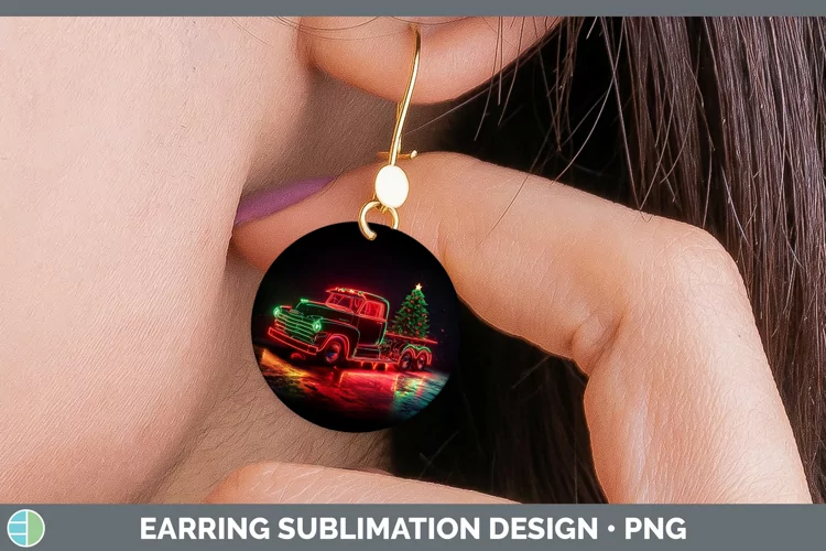 Neon Christmas Vintage Truck Round Earrings Sublimation Earr