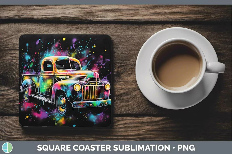 Neon Christmas Vintage Truck Square Coaster Sublimation Coas