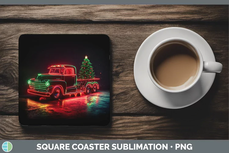 Neon Christmas Vintage Truck Square Coaster Sublimation Coas