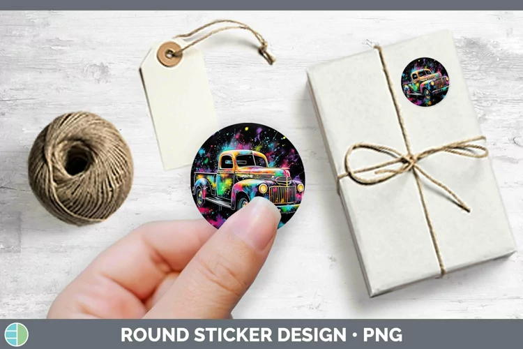 Neon Christmas Vintage Truck Stickers | Round Labels Designs