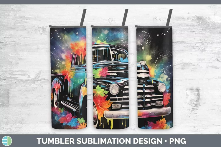 Neon Christmas Vintage Truck Tumbler Sublimation 20 oz Skinn