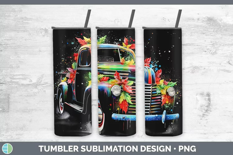 Neon Christmas Vintage Truck Tumbler Sublimation 20 oz Skinn