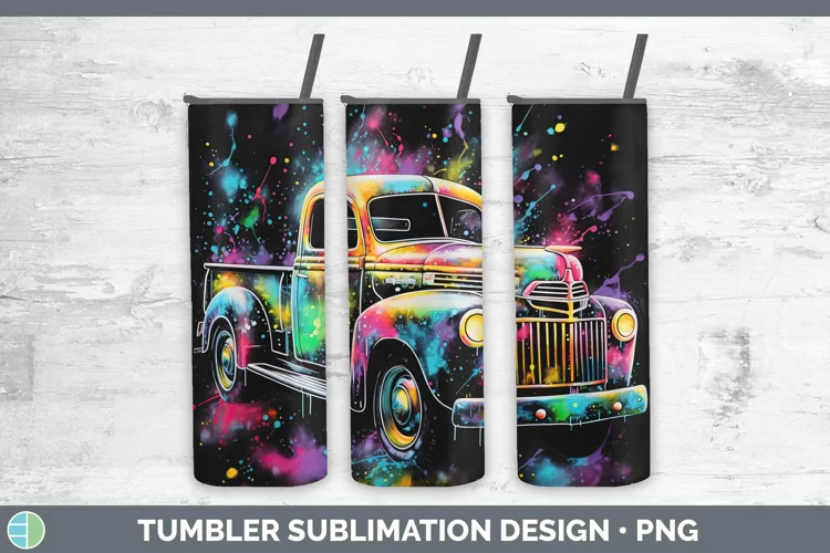 Neon Christmas Vintage Truck Tumbler Sublimation 20 oz Skinn