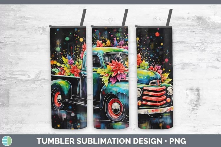 Neon Christmas Vintage Truck Tumbler Sublimation 20 oz Skinn
