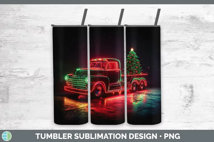 Neon Christmas Vintage Truck Tumbler Sublimation 20 oz Skinn
