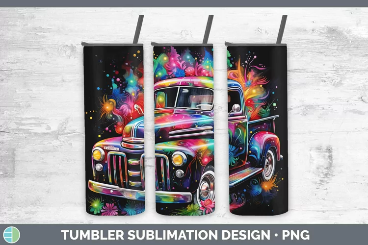 Neon Christmas Vintage Truck Tumbler Sublimation 20 oz Skinn
