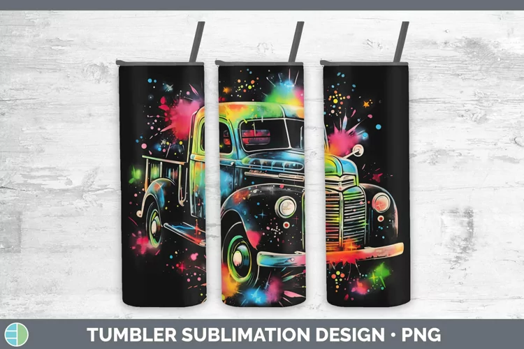 Neon Christmas Vintage Truck Tumbler Sublimation 20 oz Skinn