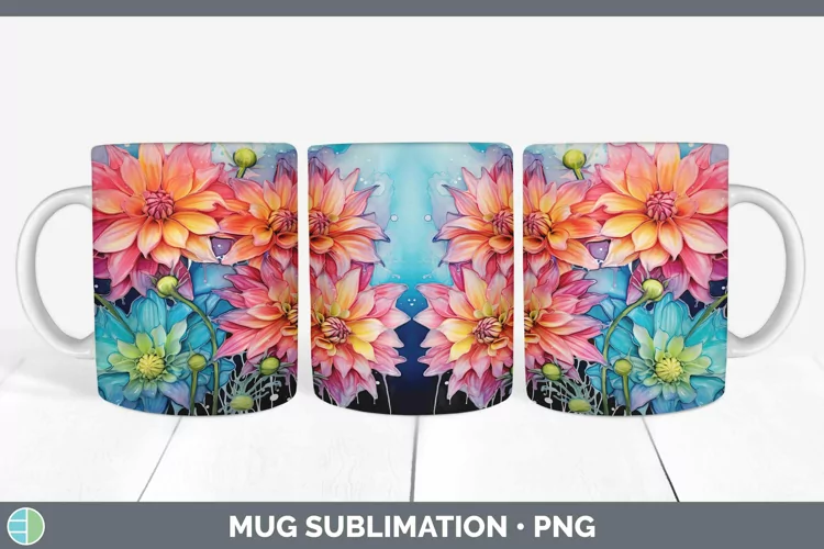 Neon Dahlia Mug Wrap | Sublimation Coffee Cup Designs