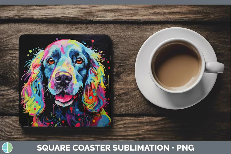 Neon Dogs Cocker Spaniel Square Coaster Sublimation Coaster