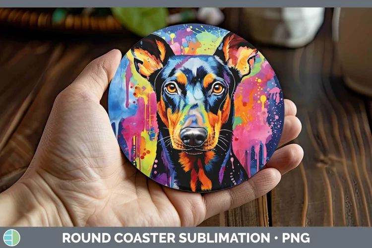 Neon Dogs Doberman Pinscher Round Coaster Sublimation Coaste