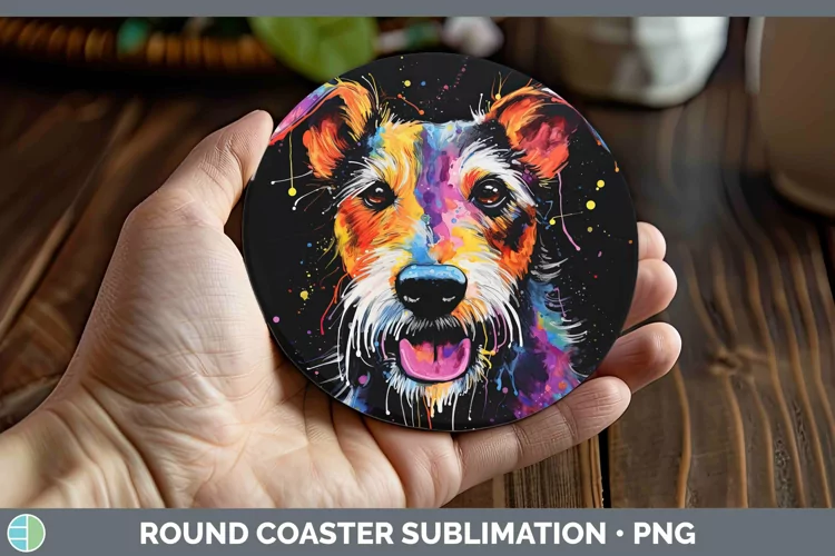 Neon Dogs Fox Terrier Dog Round Coaster Sublimation Coaster
