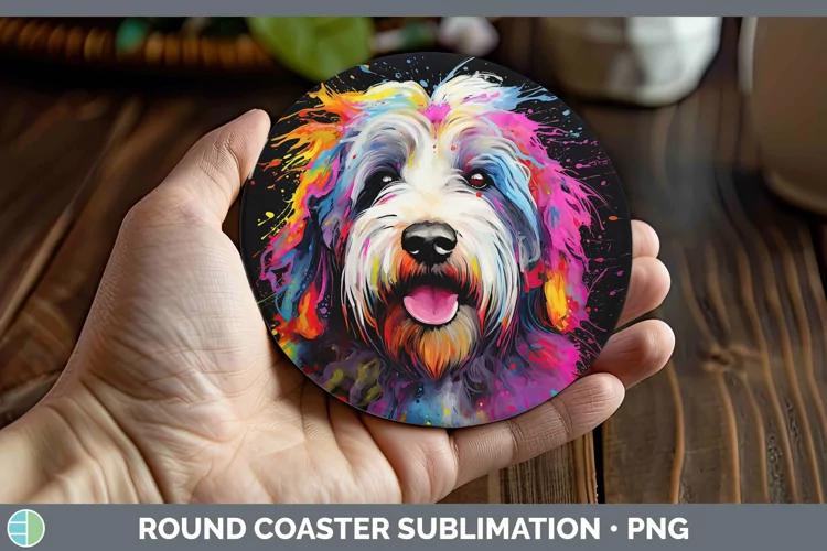 Neon Dogs Old English Sheepdog Round Coaster Sublimation Coa