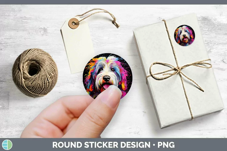 Neon Dogs Old English Sheepdog Stickers | Round Labels Desig