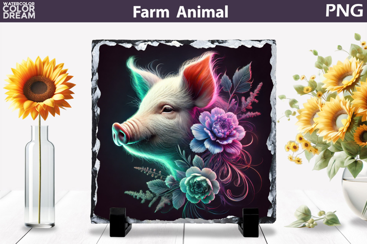 Neon Pig Floral Art | Farm Animal Sublimation