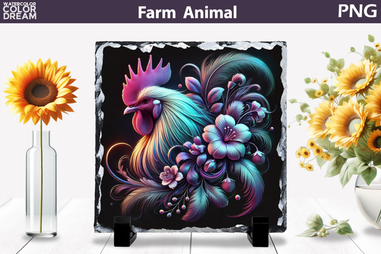 Neon Rooster Floral Art | Farm Animal Sublimation